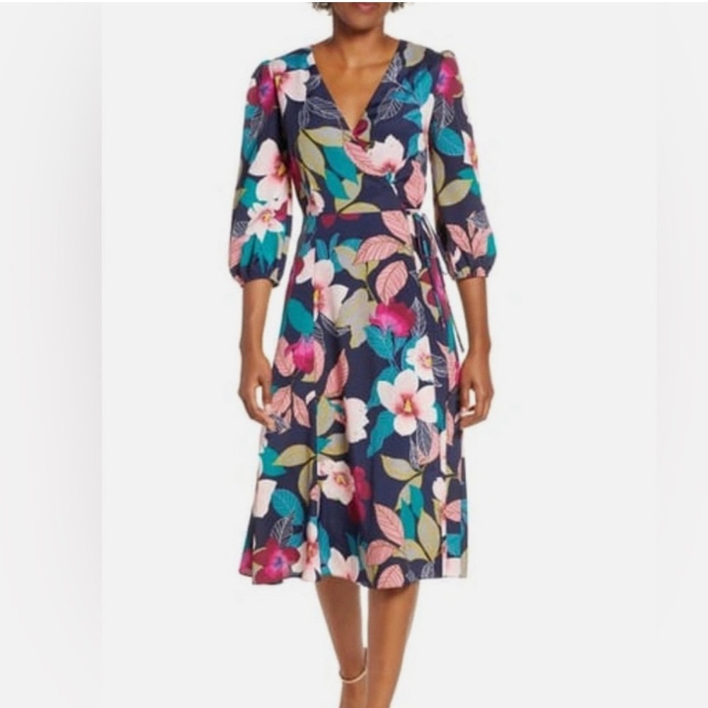 Eliza J Floral Faux Wrap Midi Dress Wedding Spring Easter